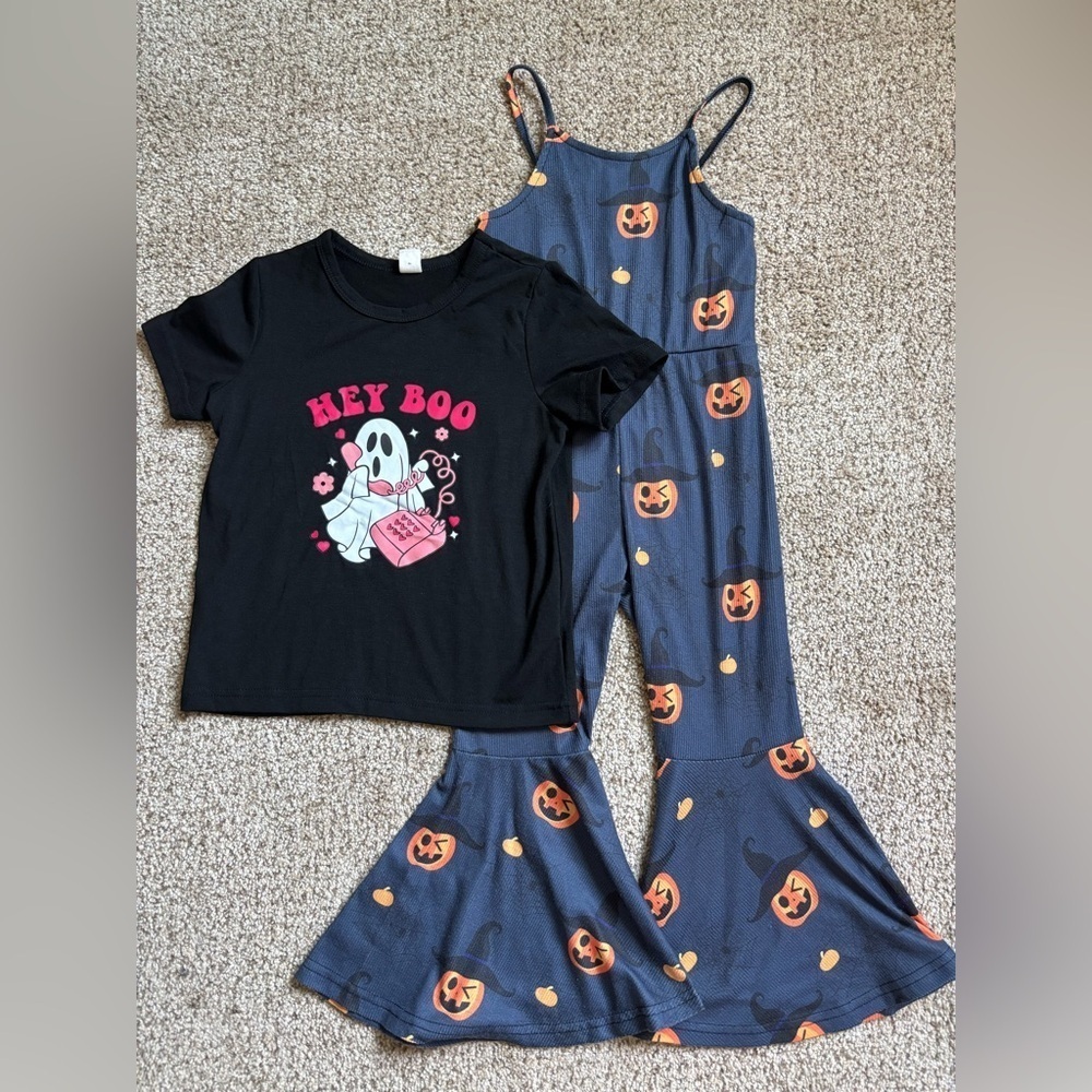 SHEIN Girls Halloween Bundle Flare Spaghetti Strap Jumpsuit Graphic Tee Sz 5